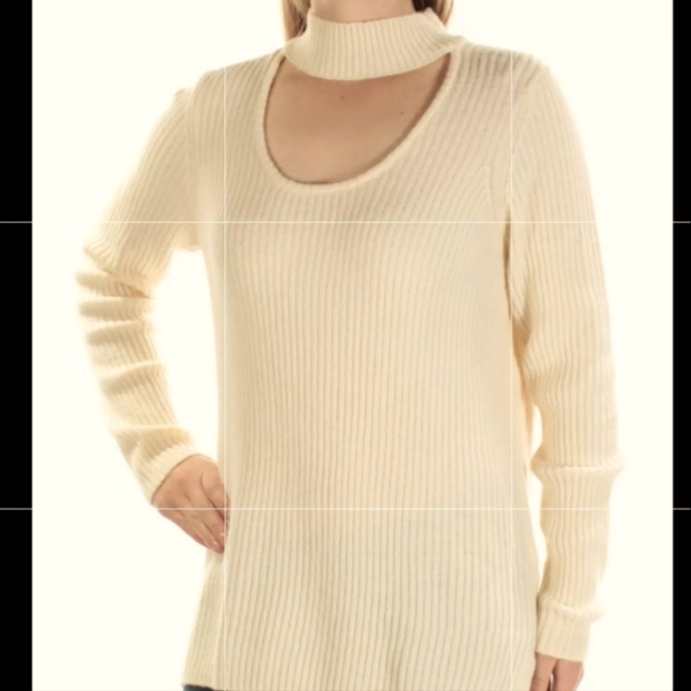 Kensie Cream Choker Collar Ribbed Soft Knit Tunic Sweater S M